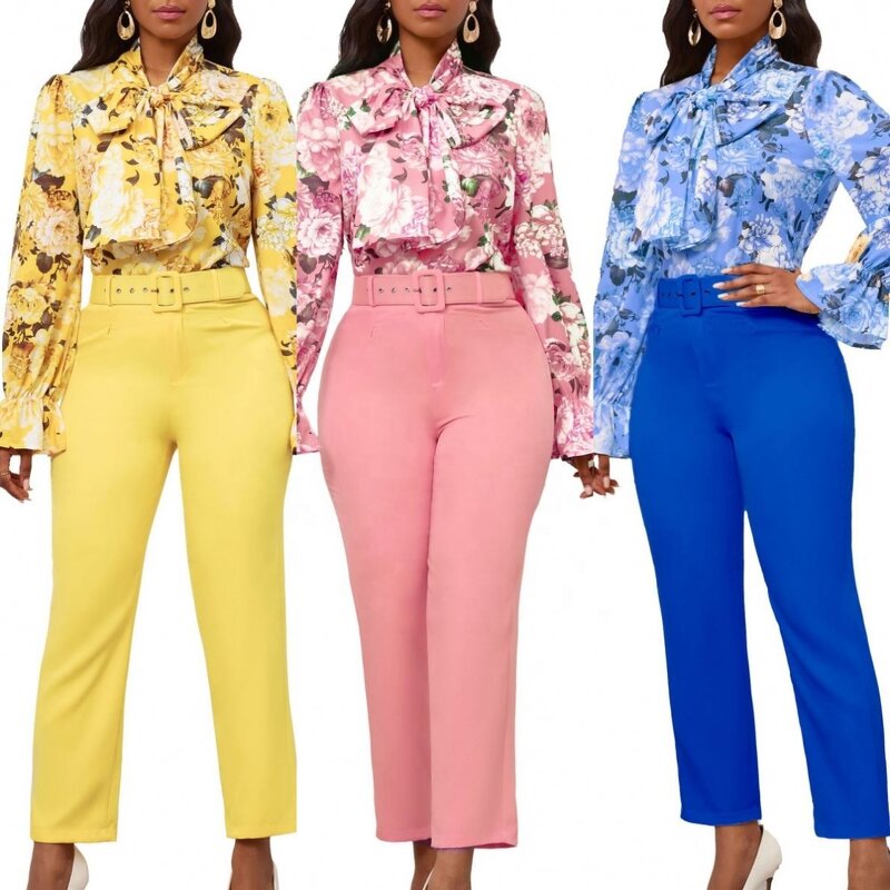 Office Blouse Set Factory - OEM Office Blouse Elegant Print Strap Long Sleeve Shirt and Pants Set Outfits for Women