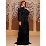 Sequin Dress Factory - OEM Women's Solid Color Sequin Long Sleeve Turtleneck Evening Dress Long Skirt Simple Elegant