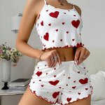 Satin Halter Pajama Set Factory - OEM Women's Casual Satin Halter Shorts Pajama Set Love Print Knee-Length with Elastic