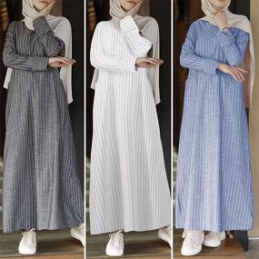 Retro Striped Dress Factory - OEM/ODM S-5XL Cotton Linen for Muslim Women Long-Sleeved Casual