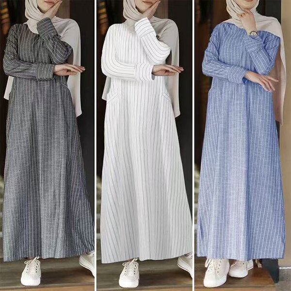 Retro Striped Dress Factory - OEM/ODM S-5XL Cotton Linen for Muslim Women Long-Sleeved Casual