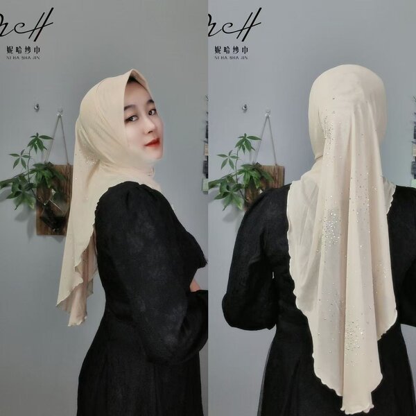 Rhinestone Hijab Manufacturer - OEM/ODM Embroidered with Tail Veil Breathable MeshDouble Layer