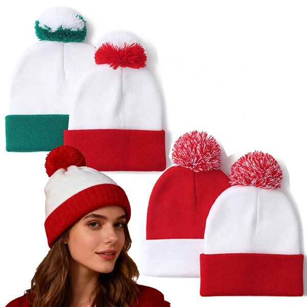 Christmas Knitted Hat Manufacturer - OEM/ODM Winter Slouchy Red White Acrylic Cuffed with Pom