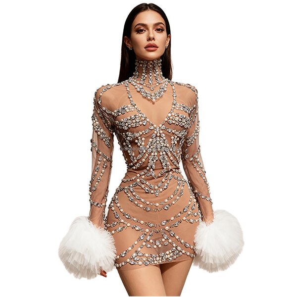 Sparkly Crystal Dress Factory - OEM/ODM Breathable Long Sleeves Birthday Prom Bodycon Night Club