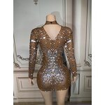 Sheer Dress Factory - OEM/ODM NOVANCE Shiny Diamonds Mirror Sequins Short Brown