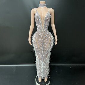New Year Party Dress Factory - OEM/ODM NOVANCE 5315 Sleeveless Elegant Feather White Sexy V Neck