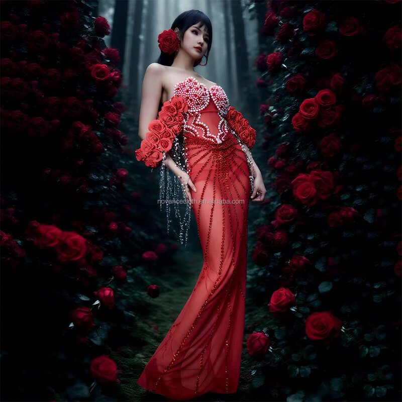 Red Evening Dress Manufacturer - OEM/ODM Novance Y5397 Off Shoulder Rhinestones Luxury Pearls Vestidos