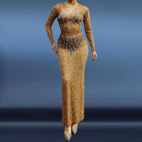 Gold Trending Dress Manufacturer - OEM/ODM Novance Y2010 2021 New Arrivals Perspective Rhinestone Long