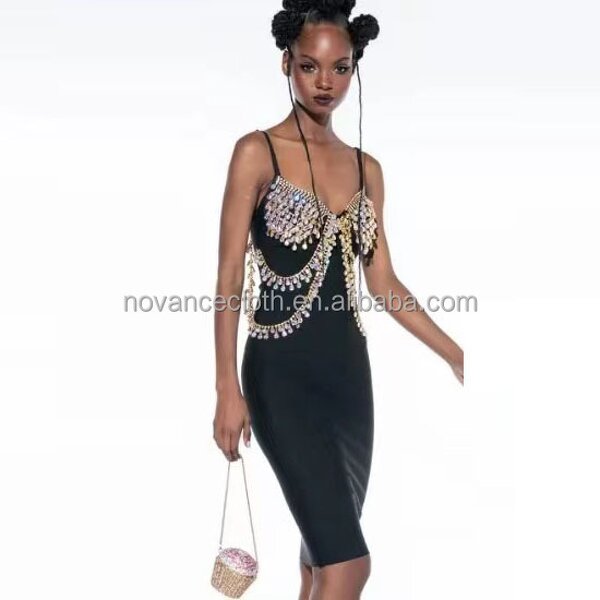 Vintage Dress Factory - OEM/ODM NOVANCE B3165-B Fall 2022 Graceful Sexy Deep V Blingbling Crystal