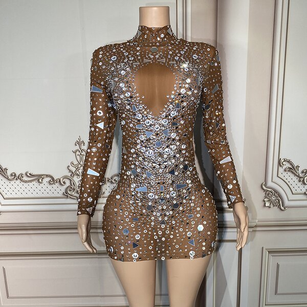 Sheer Dress Factory - OEM/ODM NOVANCE Shiny Diamonds Mirror Sequins Short Brown