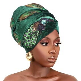 Velvet Head Scarf Supplier - Peacock Patterns Stretch Warm Turban for Women