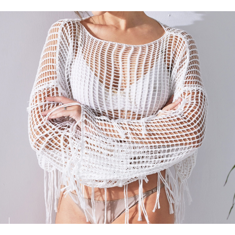 Hollowed Out Top Factory - OEM/ODM Short Knitted Tassel Long Sleeved Loose Bikini Mesh Cover