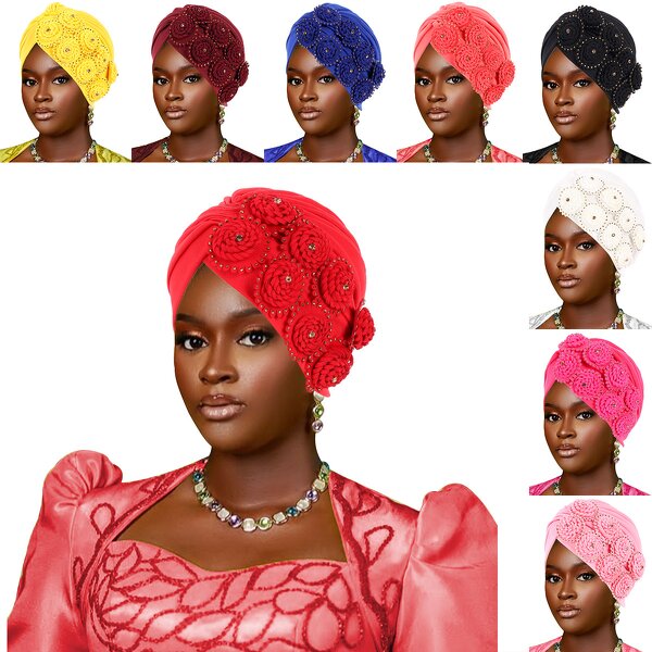 Bonnet Manufacturer - OEM/ODM Nigerian Turban Hat African Flower Designs Crystal Polyester
