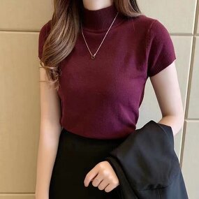 Knitted T-shirt Manufacturer - OEM/ODM Spring Winter Half High Neck Sweaters Solid Color Short Sleeve
