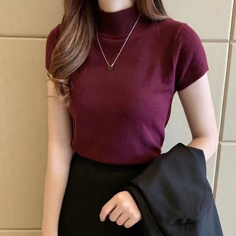 Knitted T-shirt Manufacturer - OEM/ODM Spring Winter Half High Neck Sweaters Solid Color Short Sleeve