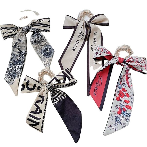 Hair Band Manufacturer - OEM/ODM Women Bow Knot Scrunchies Elastic Pearls Ponytail Holder