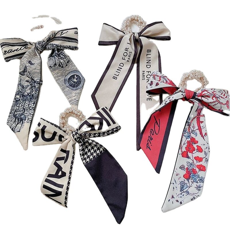 Hair Band Manufacturer - OEM/ODM Women Bow Knot Scrunchies Elastic Pearls Ponytail Holder