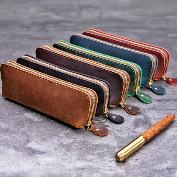 Leather Pen Case Manufacturer - Crazy Horse Pen Holder Pouch Carving Genuine