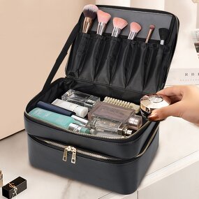 Leather Cosmetic Pouch Supplier - Hot Selling Flip Black Cowhide Full Grain Travel