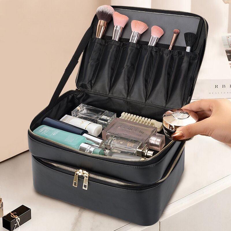 Leather Cosmetic Pouch Supplier - Hot Selling Flip Black Cowhide Full Grain Travel