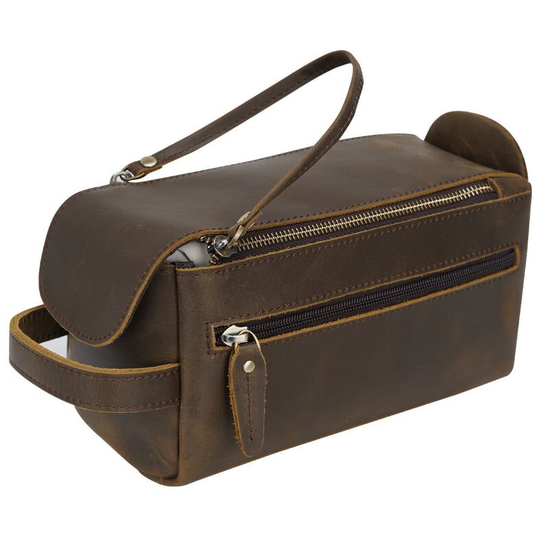 Leather Dopp Bag Manufacturer - New Arrival Double Zip Crazy Horse Bathroom