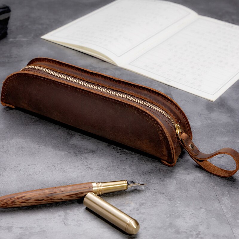 Leather Pen Pouch Supplier - TIDING Custom Logo Luxury Vintage Crazy Horse Zipper