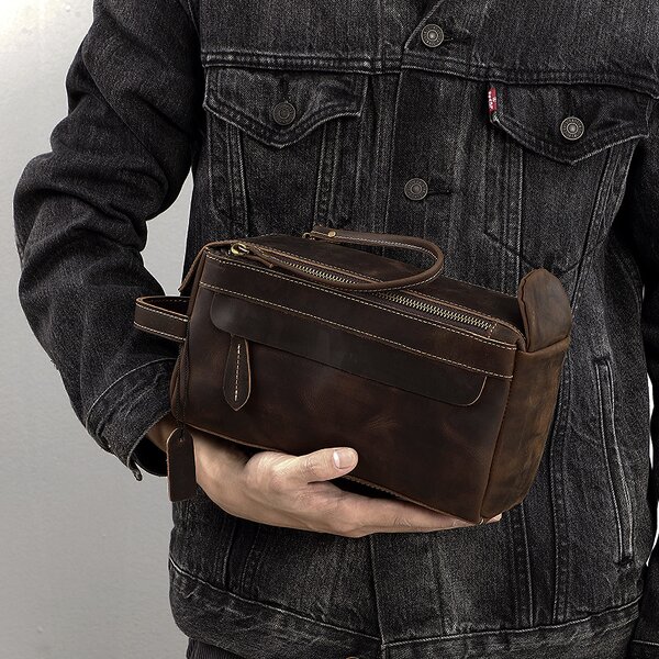 Leather Cosmetic Bag Supplier - Genuine Travel Toiletry Large Capacity Makeup