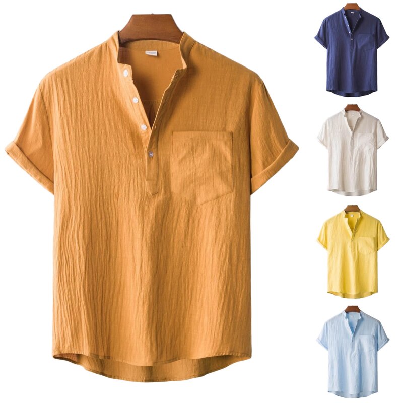 Shirt Manufacturer - OEM/ODM Men's Cotton Linen Stand Collar Short Sleeve