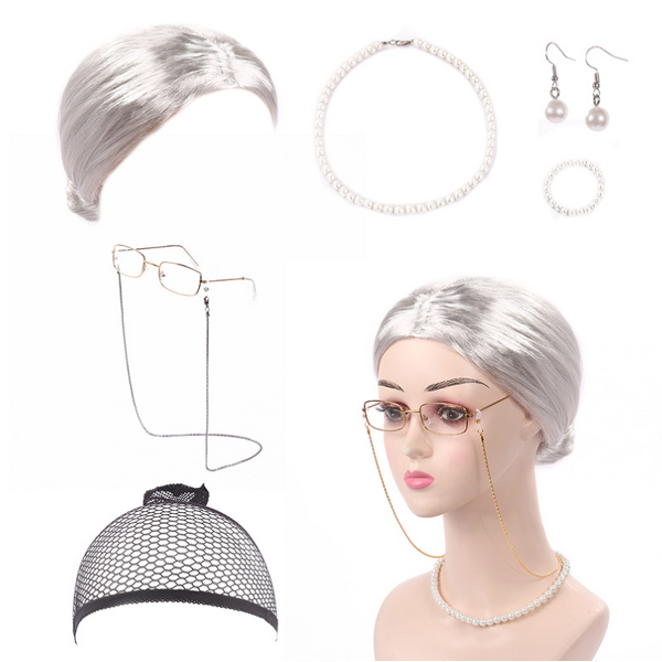 Cosplay Set Factory - OEM Old Lady Granny Wig Cap Glasses Jewelry