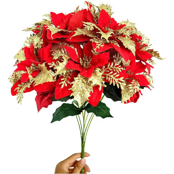 Christmas Ornaments Factory - OEM Artificial Poinsettia Flowers Glitter Bouquet