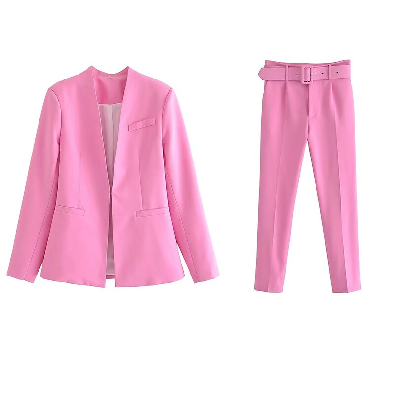 Women's Suit Set Factory - OEM New Solid-Color Pants with Belt Blazer Professional
