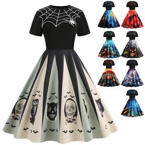 Women's Dresses Factory - OEM Halloween Round Neck Vintage Party Print Slim-fitting