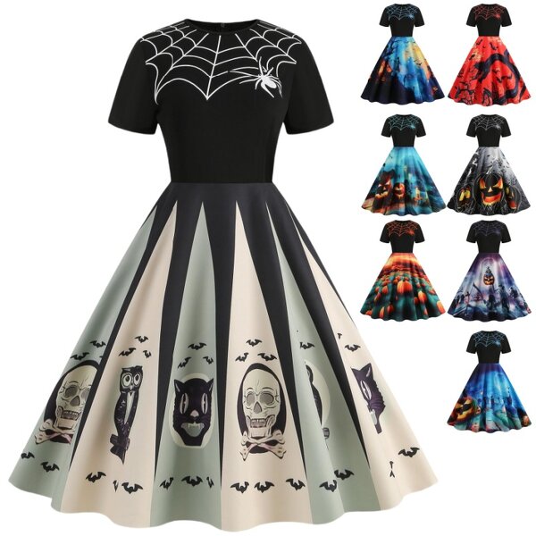 Women's Dresses Factory - OEM Halloween Round Neck Vintage Party Print Slim-fitting