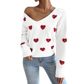 Women's Sweater Factory - OEM Fall Winter Valentine's Day Sequin Heart Embroidered V-Neck