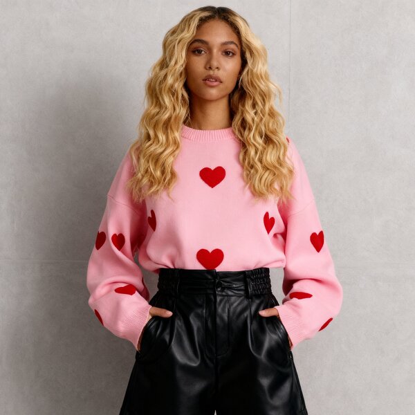 Women's Sweater Factory - OEM Heart Embroidery Round Neck Loose Casual Fall Winter
