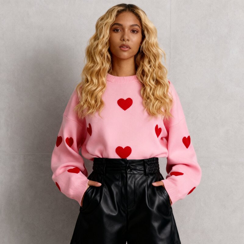 Women's Sweater Factory - OEM Heart Embroidery Round Neck Loose Casual Fall Winter