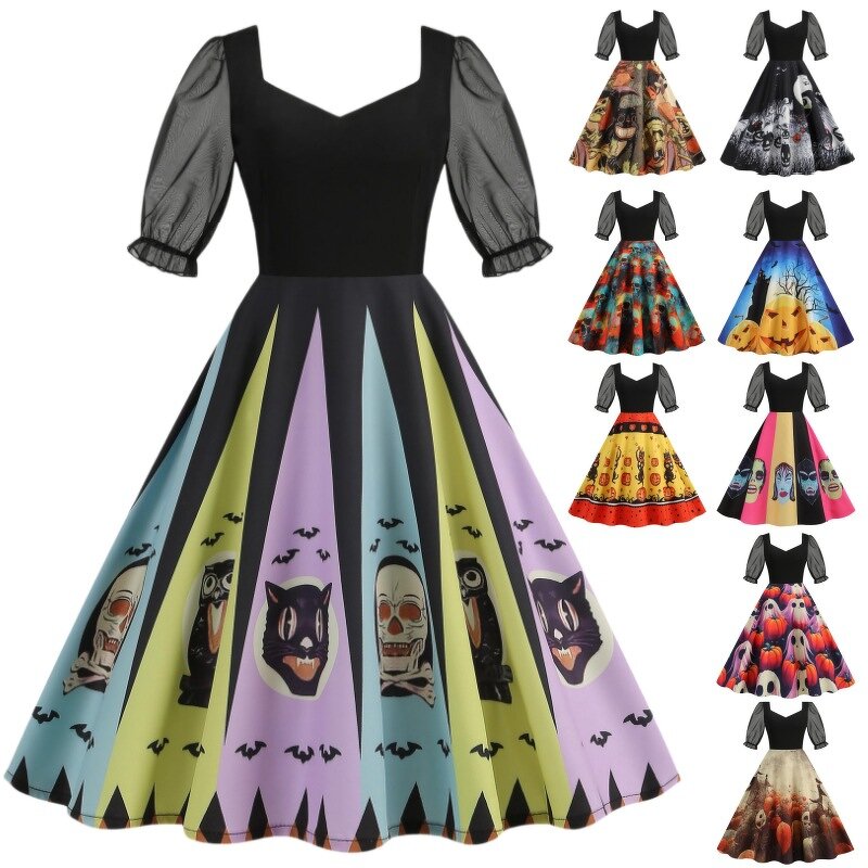 Women's Dresses Factory - OEM Halloween Party Tulle Panel Half-Sleeve Vintage Print