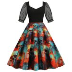 Women's Dresses Factory - OEM Halloween Party Tulle Panel Half-Sleeve Vintage Print