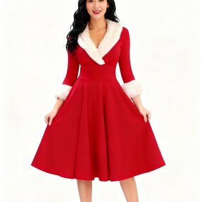 Women's Dresses Factory - OEM Christmas Long-Sleeve Fur-Collar Low-Cut Elegant