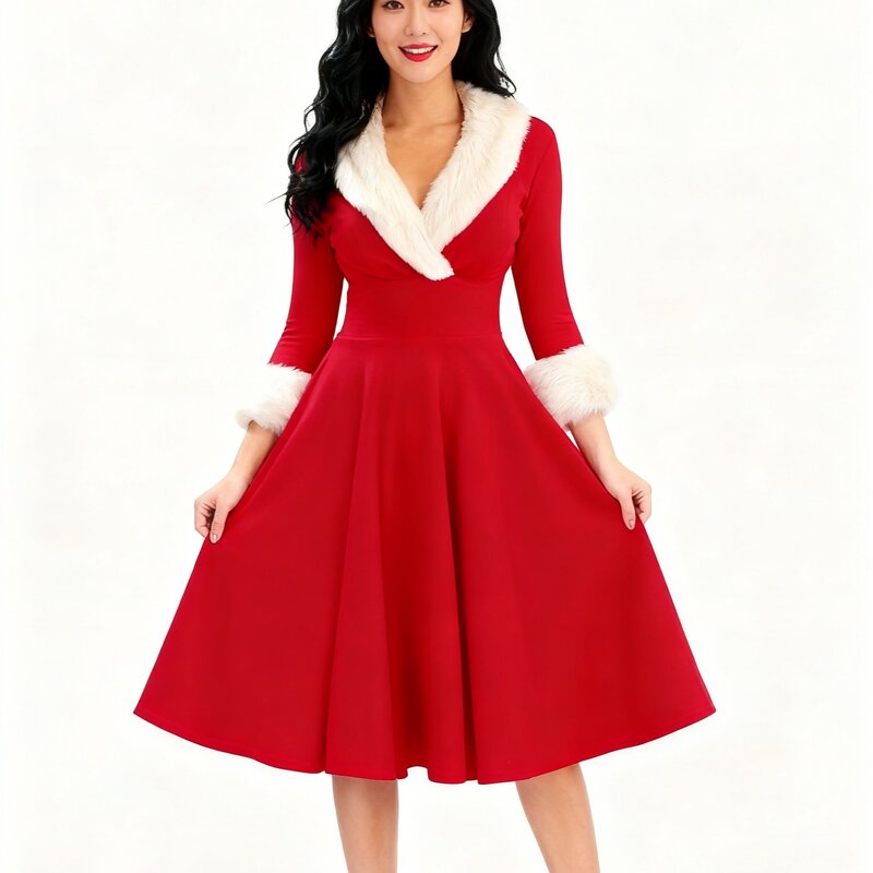 Women's Dresses Factory - OEM Christmas Long-Sleeve Fur-Collar Low-Cut Elegant