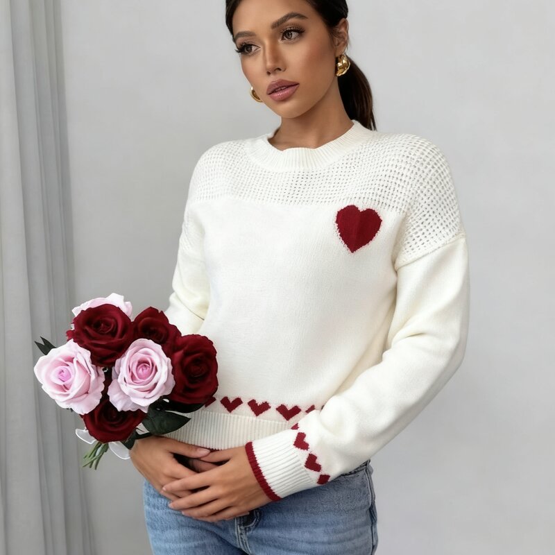 Women's Sweater Factory - OEM Fall Winter Couple Heart-Print Loose Crew Neck Pullover