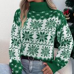Women's Sweater Factory - OEM Winter Snowflake Pattern Lantern Sleeve High-Neck