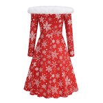 Women's Dresses Factory - OEM Off Shoulder Fur Collar Snowflake Printed V-neck A-line
