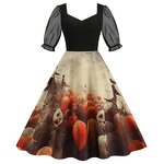 Women's Dresses Factory - OEM Halloween Party Tulle Panel Half-Sleeve Vintage Print