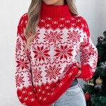 Women's Sweater Factory - OEM Winter Snowflake Pattern Lantern Sleeve High-Neck