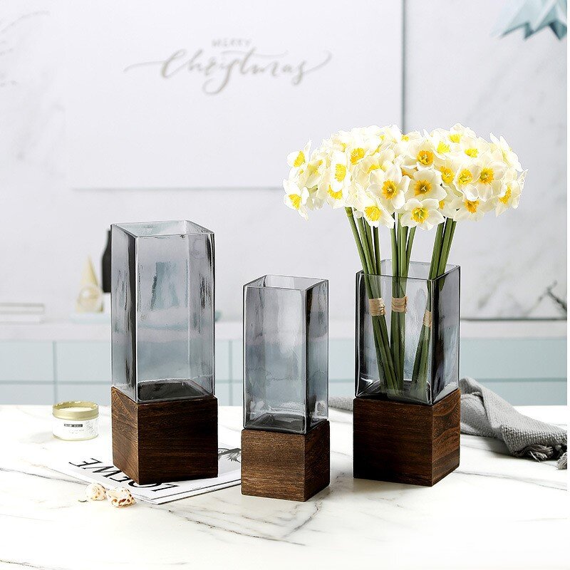 Square Wooden Vase Manufacturer - OEM/ODM Gray Ornament Living Room Flower Glass Vase