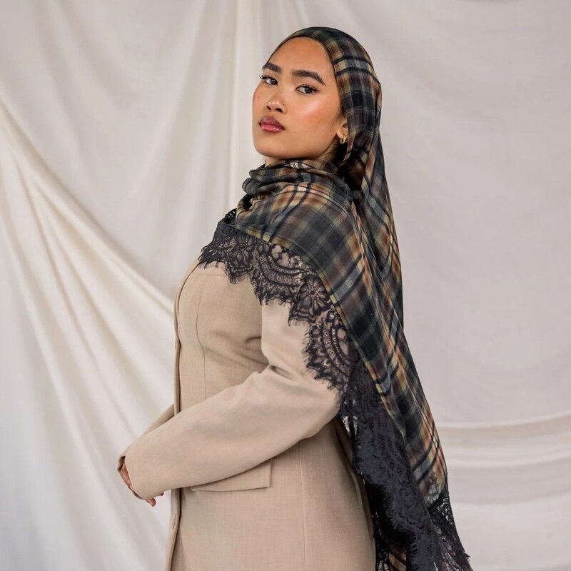Printed Modal Hijab Manufacturer - Bulk Chantilly Plaid Lace Trim Scarf