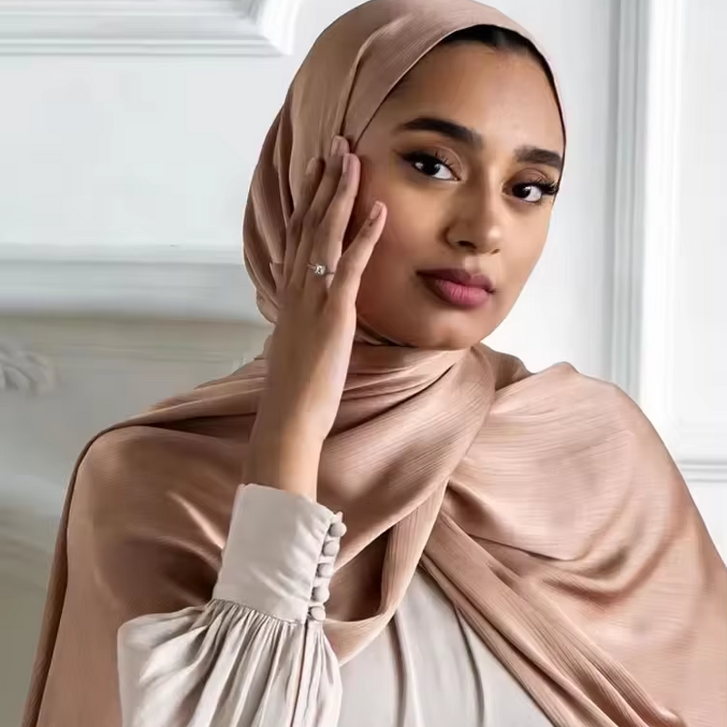 Satin Crepe Scarf Supplier - Wholesale Plain Stripe Wrinkled Veil