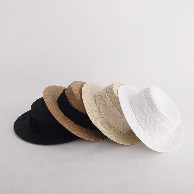 Pearl Satin Straw Hat Supplier - Summer Elegant Beach Travel Sun protection French Flat Top