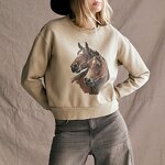 Fleece Lined Sweatshirt Supplier - Daily Wear Equestrian Print Loose Fit Plus Velvet